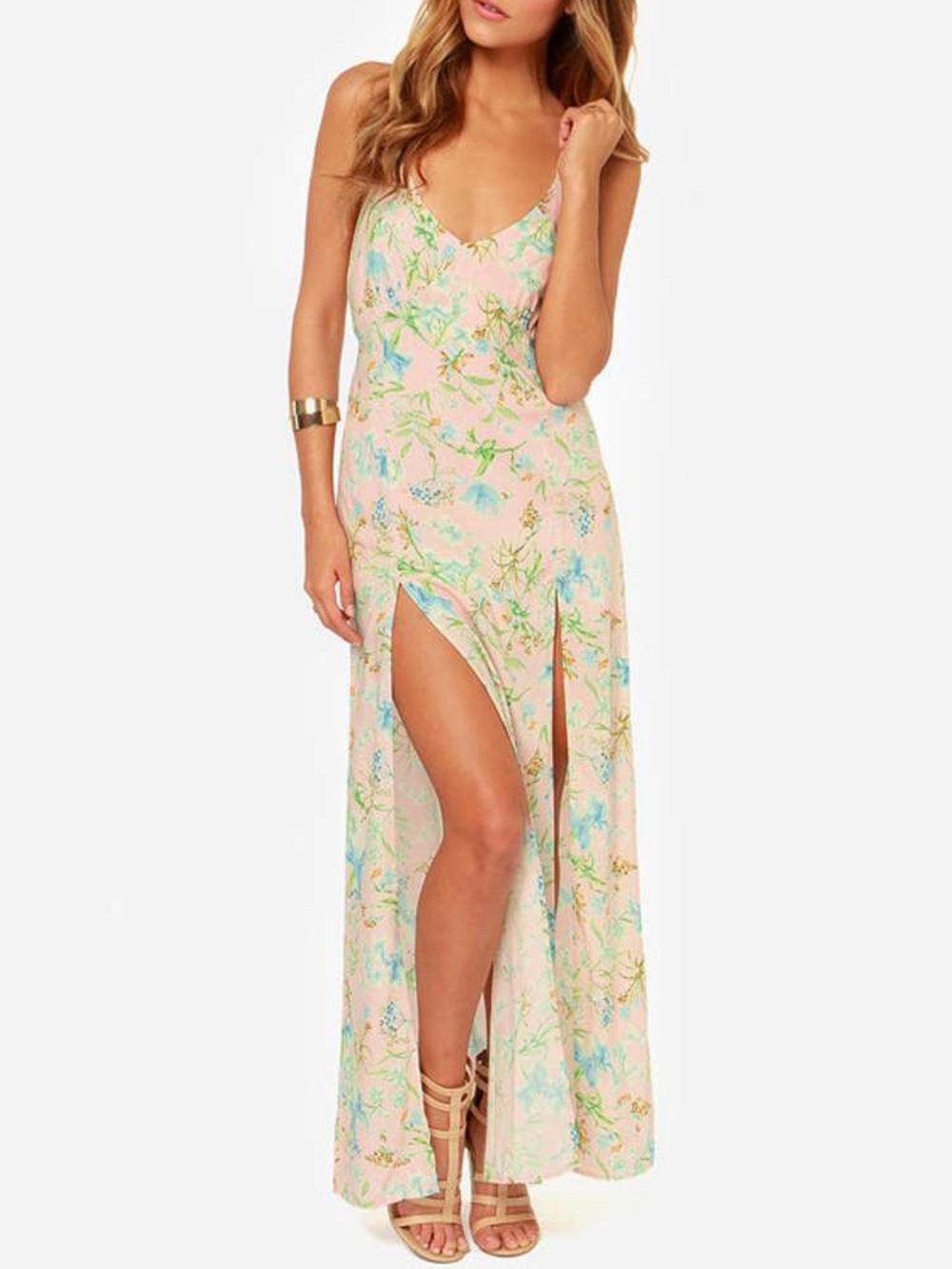 re:named Blush Pink turquoise Floral Slip Maxi Dress with double slits